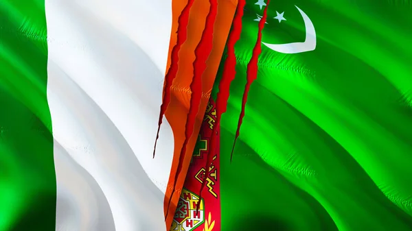 아일랜드와 투르크메니스탄의 깃발에는 흉터가 있습니다 렌더링으로 흔들리는 아일랜드와 투르크메니스탄간의 분쟁이라는 — 스톡 사진