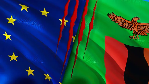 European Union and Zambia flags with scar concept. Waving flag,3D rendering. European Union and Zambia conflict concept. European Union Zambia relations concept. flag of European Union and Zambi