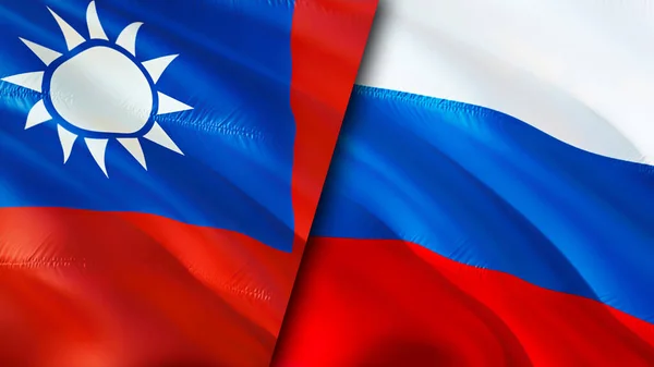 Taiwan and Russia flags. 3D Waving flag design. Taiwan Russia flag, picture, wallpaper. Taiwan vs Russia image,3D rendering. Taiwan Russia relations alliance and Trade,travel,tourism concep