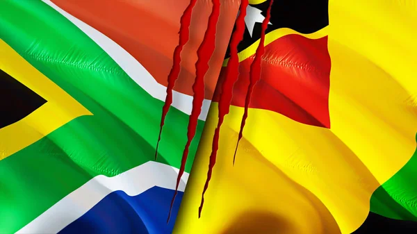 南アフリカとネビス島は傷の概念でフラグを立てます 旗を振って3Dレンダリング 南アフリカとネビス島の紛争の概念 南アフリカのネビス島の関係の概念 南アフリカの国旗は — ストック写真