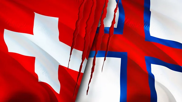スイスとフェロー諸島は 傷の概念でフラグを立てます 旗を振って3Dレンダリング スイスとフェロー諸島の紛争の概念 スイスフェロー諸島関係の概念 スイスの旗は — ストック写真
