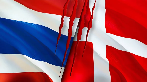 Thajsko Dánsko Vlajky Koncepcí Jizvy Vlnění Vlajky Vykreslování Koncept Konfliktu — Stock fotografie