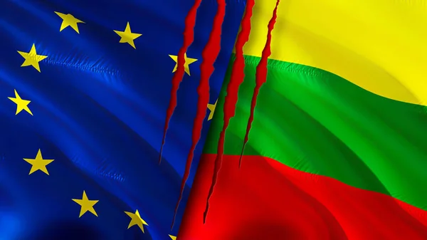 European Union and Lithuania flags with scar concept. Waving flag,3D rendering. European Union and Lithuania conflict concept. European Union Lithuania relations concept. flag of European Union an