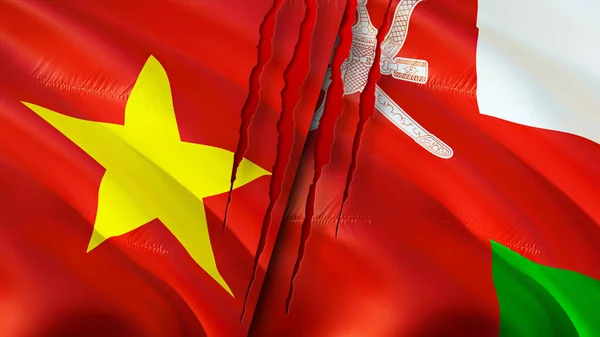 Vietnam and Oman flags. 3D Waving flag design. Vietnam Oman flag, picture, wallpaper. Vietnam vs Oman image,3D rendering. Vietnam Oman relations alliance and Trade,travel,tourism concep