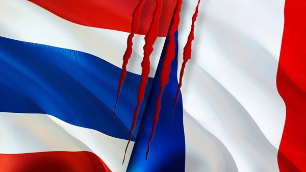 タイとフランスは傷の概念でフラグを立てます 旗を振って3Dレンダリング タイとフランスの対立概念 タイフランス関係の概念 タイとフランスの危機戦争攻撃コンプ — ストック写真