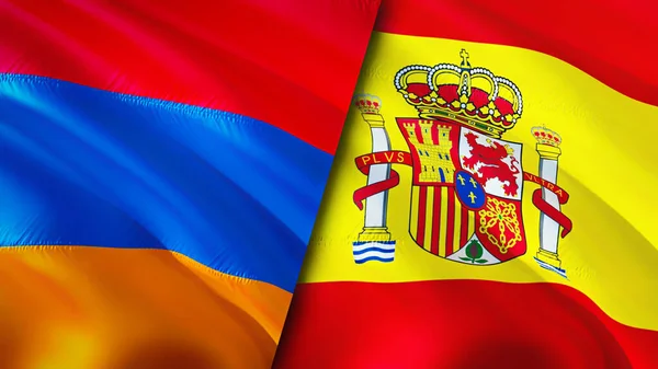 Armenia and Spain flags. 3D Waving flag design. Armenia Spain flag, picture, wallpaper. Armenia vs Spain image,3D rendering. Armenia Spain relations alliance and Trade,travel,tourism concep