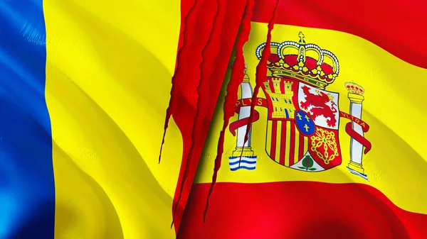 罗马尼亚和西班牙的国旗上有疤痕的概念 飘扬的旗帜 3D渲染 罗马尼亚和西班牙冲突概念 罗马尼亚西班牙关系概念 罗马尼亚和西班牙国旗危机 — 图库照片