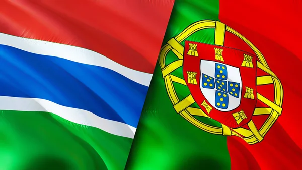 ガンビアとポルトガルの旗 3D波動旗のデザイン ガンビアポルトガル国旗 ガンビア対ポルトガルの画像 3Dレンダリング ガンビアポルトガル関係と貿易 観光コンプ — ストック写真