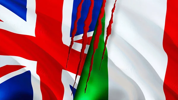 United Kingdom and Italy flags with scar concept. Waving flag,3D rendering. United Kingdom and Italy conflict concept. United Kingdom Italy relations concept. flag of United Kingdom and Ital