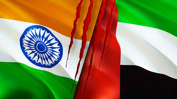 India and United Arab Emirates flags with scar concept. Waving flag,3D rendering. India and United Arab Emirates conflict concept. India United Arab Emirates relations concept. flag of India an