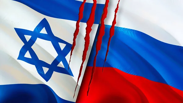 Flagi Izraela Rosji Blizną Machanie Flagą Renderowanie Koncepcja Konfliktu Między — Zdjęcie stockowe