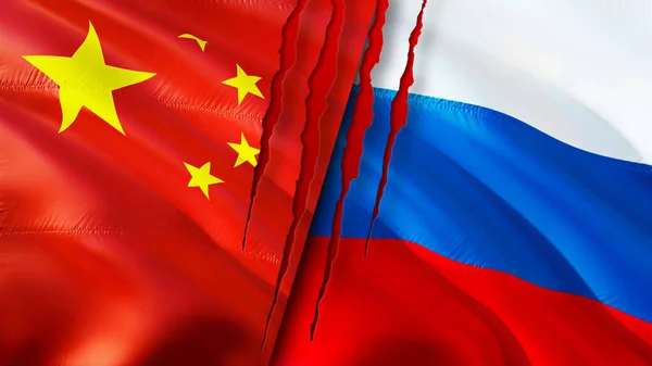 Китай Росія Прапори Шрамом Прапор Рендеринг Китай Росія Конфліктують Концепція — стокове фото