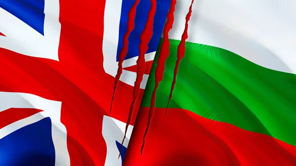 United Kingdom and Bulgaria flags with scar concept. Waving flag,3D rendering. United Kingdom and Bulgaria conflict concept. United Kingdom Bulgaria relations concept. flag of United Kingdom an