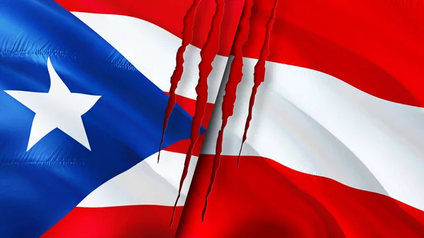 Bandeiras Porto Rico Áustria Com Conceito Cicatriz Bandeira Ondulada Renderização — Fotografia de Stock