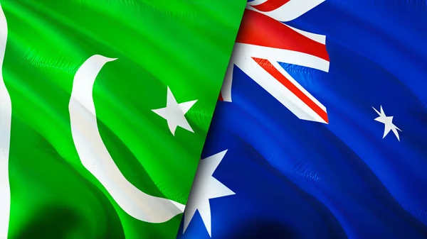 Pakistan and Australia flags. 3D Waving flag design. Pakistan Australia flag, picture, wallpaper. Pakistan vs Australia image,3D rendering. Pakistan Australia relations alliance an