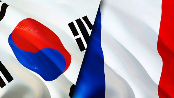 South Korea and France flags. 3D Waving flag design. South Korea France flag, picture, wallpaper. South Korea vs France image,3D rendering. South Korea France relations alliance an