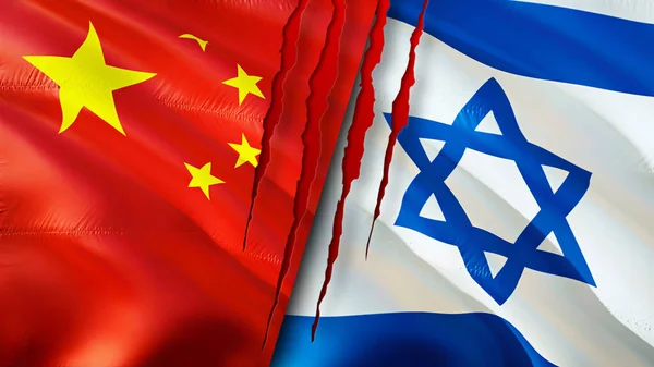 China and Israel flags with scar concept. Waving flag,3D rendering. China and Israel conflict concept. China Israel relations concept. flag of China and Israel crisis,war, attack concep