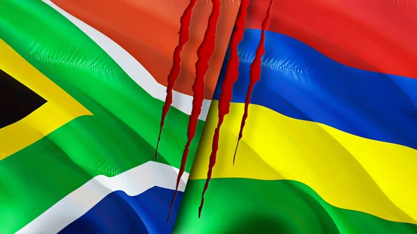 South Africa and Mauritius flags with scar concept. Waving flag,3D rendering. South Africa and Mauritius conflict concept. South Africa Mauritius relations concept. flag of South Africa an