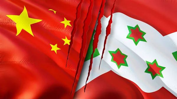 China and Burundi flags with scar concept. Waving flag,3D rendering. China and Burundi conflict concept. China Burundi relations concept. flag of China and Burundi crisis,war, attack concep