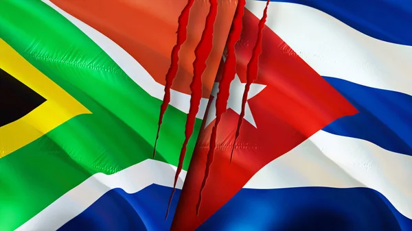 Banderas Sudáfrica Cuba Con Concepto Cicatriz Bandera Ondeante Representación Sudáfrica — Foto de Stock