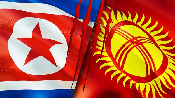 North Korea and Kyrgyzstan flags with scar concept. Waving flag,3D rendering. North Korea and Kyrgyzstan conflict concept. North Korea Kyrgyzstan relations concept. flag of North Korea an