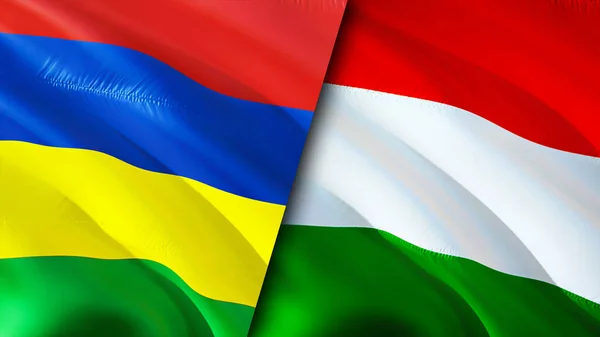 毛里求斯和匈牙利的国旗 3D波浪旗帜设计 毛里求斯匈牙利国旗 毛里求斯对匈牙利的图像 3D渲染 毛里求斯匈牙利关系联盟与贸易 — 图库照片