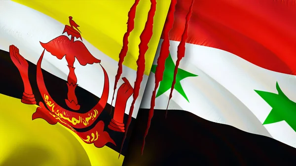 Brunei and Syria flags with scar concept. Waving flag,3D rendering. Brunei and Syria conflict concept. Brunei Syria relations concept. flag of Brunei and Syria crisis,war, attack concep
