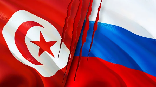 Tunisia and Russia flags with scar concept. Waving flag,3D rendering. Tunisia and Russia conflict concept. Tunisia Russia relations concept. flag of Tunisia and Russia crisis,war, attack concep