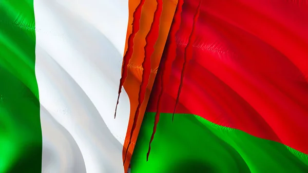 Флаги Ирландии Белоруссии Шрамом Трехмерный Рендеринг Флага Концепция Конфликта Между — стоковое фото