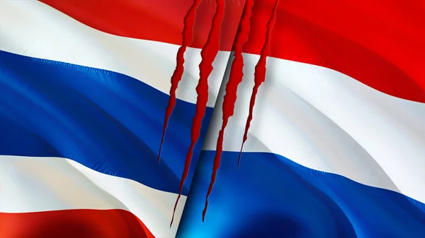 タイとオランダは傷の概念でフラグを立てます 旗を振って3Dレンダリング タイとオランダの紛争の概念 タイオランダ関係の概念 タイとオランダの国旗 — ストック写真