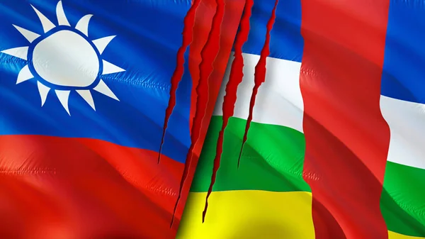 Taiwan and Central African Republic flags with scar concept. Waving flag,3D rendering. Taiwan and Central African Republic conflict concept. Taiwan Central African Republic relations concept. fla