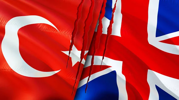 Turkey and United Kingdom flags with scar concept. Waving flag,3D rendering. Turkey and United Kingdom conflict concept. Turkey United Kingdom relations concept. flag of Turkey and United Kingdo