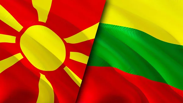 North Macedonia and Lithuania flags. 3D Waving flag design. North Macedonia Lithuania flag, picture, wallpaper. North Macedonia vs Lithuania image,3D rendering. North Macedonia Lithuania relation