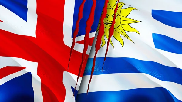 United Kingdom and Uruguay flags with scar concept. Waving flag,3D rendering. United Kingdom and Uruguay conflict concept. United Kingdom Uruguay relations concept. flag of United Kingdom an