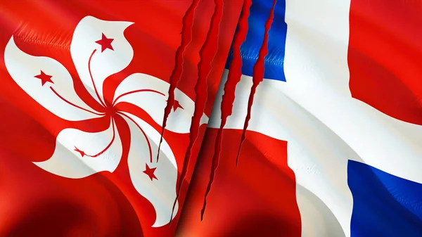 Hong Kong and Dominican Republic flags with scar concept. Waving flag,3D rendering. Hong Kong and Dominican Republic conflict concept. Hong Kong Dominican Republic relations concept. flag of Hon