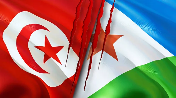 Tunisia and Djibouti flags with scar concept. Waving flag,3D rendering. Tunisia and Djibouti conflict concept. Tunisia Djibouti relations concept. flag of Tunisia and Djibouti crisis,war, attac