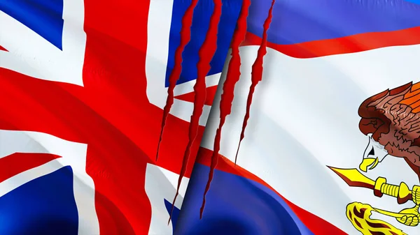 Birleşik Krallık Amerikan Samoa Bayrakları Yara Izi Konseptiyle Dalgalanan Bayrak — Stok fotoğraf