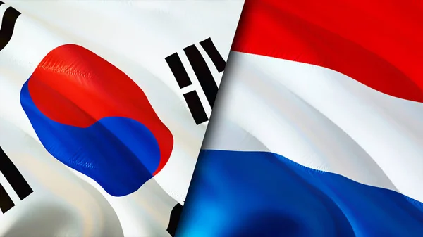 South Korea and Netherlands flags. 3D Waving flag design. South Korea Netherlands flag, picture, wallpaper. South Korea vs Netherlands image,3D rendering. South Korea Netherlands relations allianc
