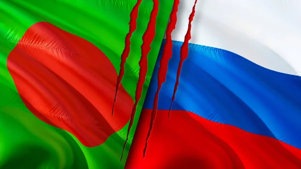 Bangladesh and Russia flags with scar concept. Waving flag,3D rendering. Bangladesh and Russia conflict concept. Bangladesh Russia relations concept. flag of Bangladesh and Russia crisis,war, attac