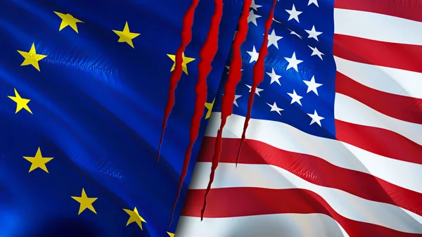 European Union and USA flags with scar concept. Waving flag,3D rendering. European Union and USA conflict concept. European Union USA relations concept. flag of European Union and USA crisis,war