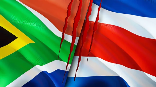 South Africa and Costa Rica flags with scar concept. Waving flag,3D rendering. South Africa and Costa Rica conflict concept. South Africa Costa Rica relations concept. flag of South Africa and Cost