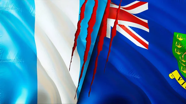 带有疤痕概念的危地马拉和英属维尔京群岛国旗 波浪旗3D渲染 危地马拉和英属维尔京群岛冲突概念 危地马拉英属维尔京群岛关系概念 — 图库照片