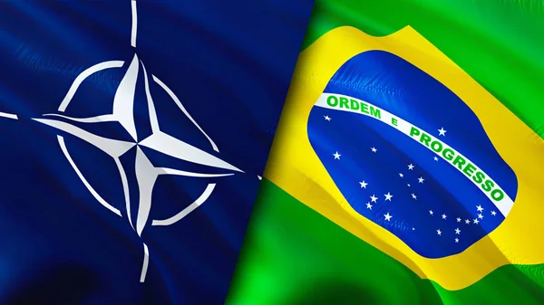 NATO and Brazil flags. 3D Waving flag design. Brazil NATO flag, picture, wallpaper. NATO vs Brazil image,3D rendering. NATO Brazil relations alliance and Trade,travel,tourism concep