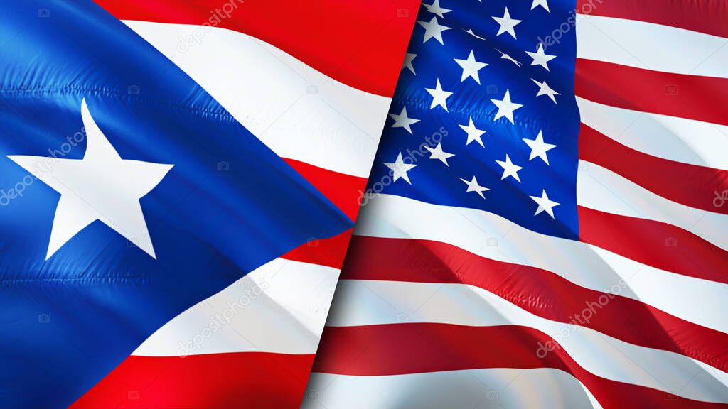 Puerto Rico and USA flags. 3D Waving flag design. Puerto Rico USA flag, picture, wallpaper. Puerto Rico vs USA image,3D rendering. Puerto Rico USA relations alliance and Trade,travel,tourism concep