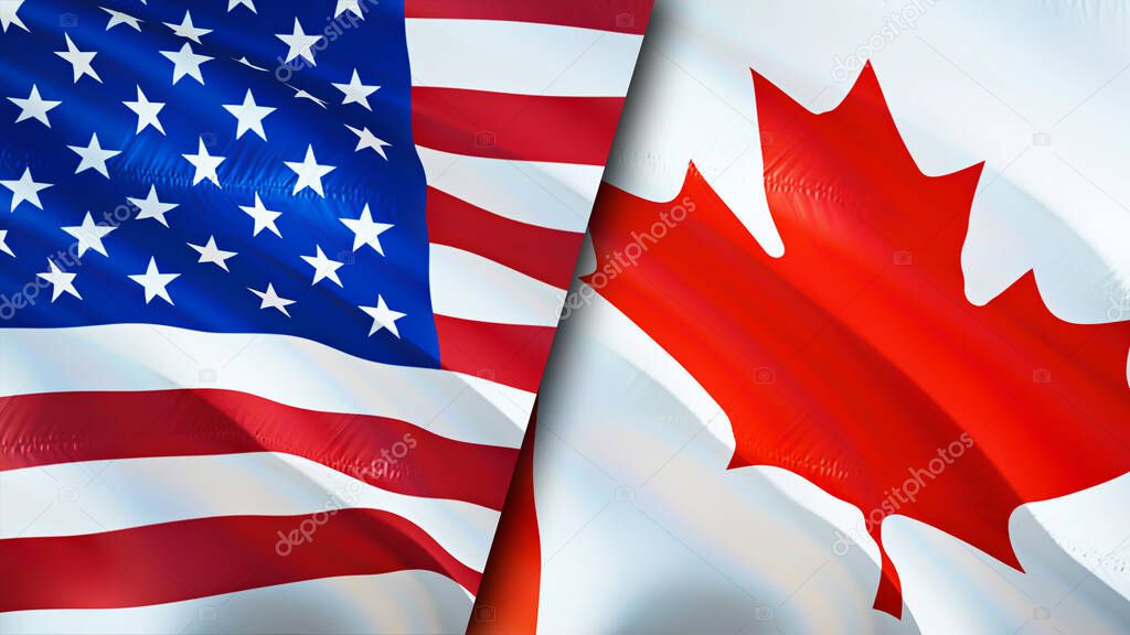 USA and Canada flags. 3D Waving flag design. USA Canada flag, picture, wallpaper. USA vs Canada image,3D rendering. USA Canada relations alliance and Trade,travel,tourism concep