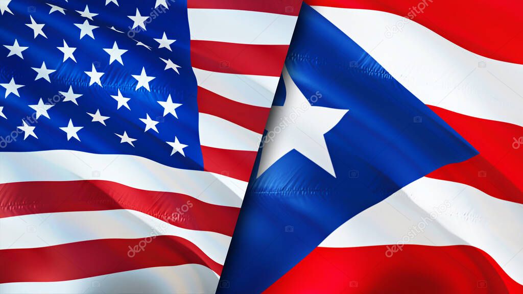 USA and Puerto Rico flags. 3D Waving flag design. USA Puerto Rico flag, picture, wallpaper. USA vs Puerto Rico image,3D rendering. USA Puerto Rico relations alliance and Trade,travel,tourism concep
