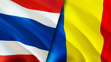Tayland ve Romanya bayrakları. 3 boyutlu dalgalanan bayrak tasarımı. Tayland ve Romanya bayrağı, resim, duvar kağıdı. Tayland, Romanya 'ya karşı, görüntü 3D. Tayland ve Romanya ilişkileri ittifak ve ticaret, seyahat, turnuva