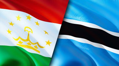 Tacikistan ve Botswana bayrakları. 3 boyutlu dalgalanan bayrak tasarımı. Tacikistan Botsvana bayrağı, resim, duvar kağıdı. Tacikistan, Botswana 'ya karşı, görüntü 3 boyutlu. Tacikistan Botsvana ilişkiler ittifakı