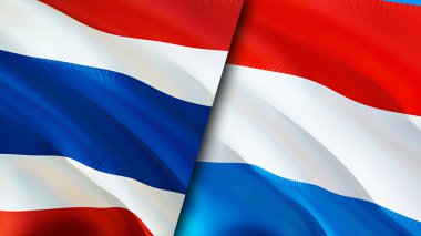 Tayland ve Lüksemburg bayrakları. 3 boyutlu dalgalanan bayrak tasarımı. Tayland Lüksemburg bayrağı, resim, duvar kağıdı. Tayland, Lüksemburg 'a karşı. Görüntü 3 boyutlu. Tayland-Lüksemburg ilişkileri ittifakı