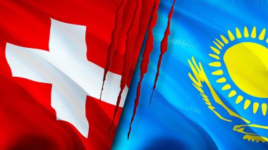 Yara izi olan İsviçre ve Kazakistan bayrakları. Dalgalanan bayrak, 3 boyutlu görüntüleme. İsviçre ve Kazakistan çatışma konsepti. İsviçre Kazakistan ilişkileri kavramı. İsviçre bayrağı ve